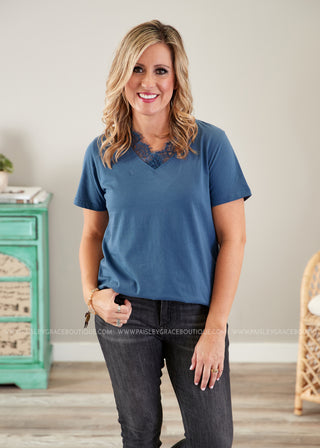 Dahlia Lace Top- STEEL BLUE  - LAST ONE FINAL SALE