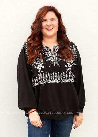 Arissa Embroidered Top- BLACK - FINAL SALE