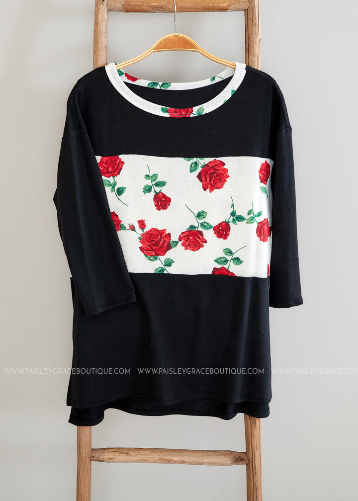 Black Top with Roses on White - FINAL SALE
