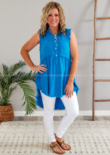 Load image into Gallery viewer, Athena Sleeveless Tunic - Ocean Blue w/Leopard Trim - FINAL SALE
