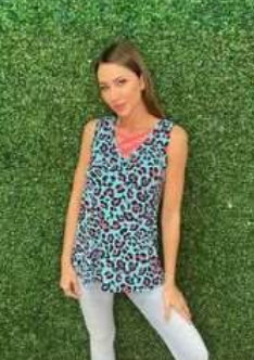 Blue & Neon Pink Leopard V-Neck Tank - FINAL SALE