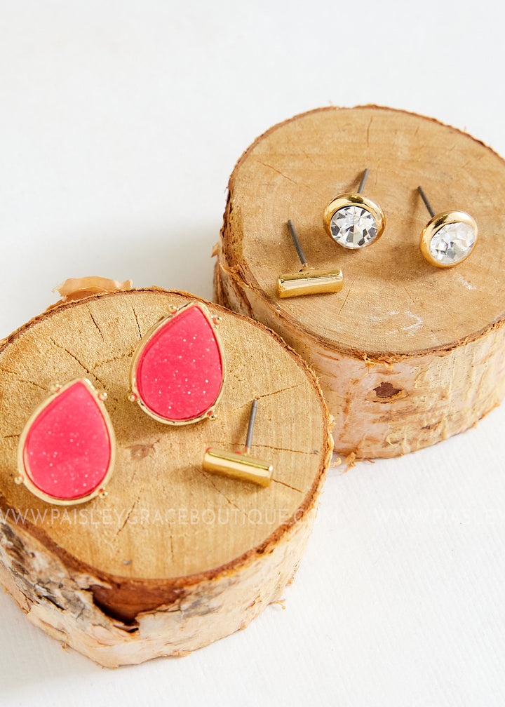 Gold & Fuchsia Stud Earring Set - FINAL SALE