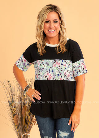 Black with Floral Accent Top  - FINAL SALE