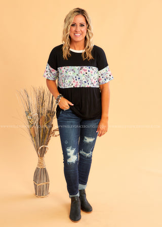 Black with Floral Accent Top  - FINAL SALE