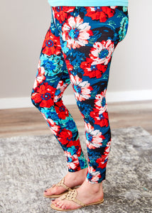 Blue & Red Floral Print Full Length Leggings  - FINAL SALE CLEARANCE