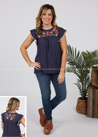 Here Comes The Bloom Embroidered Top-NAVY - FINAL SALE