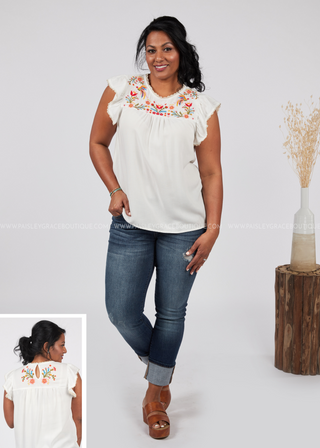 Here Comes The Bloom Embroidered Top-WHITE - FINAL SALE