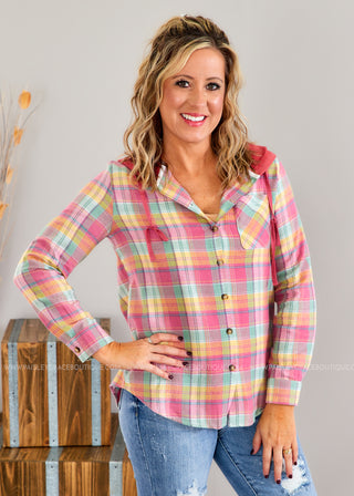 Mad for Plaid Hooded Top - Pink  - LAST ONE FINAL SALE