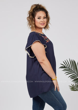 Here Comes The Bloom Embroidered Top-NAVY - FINAL SALE