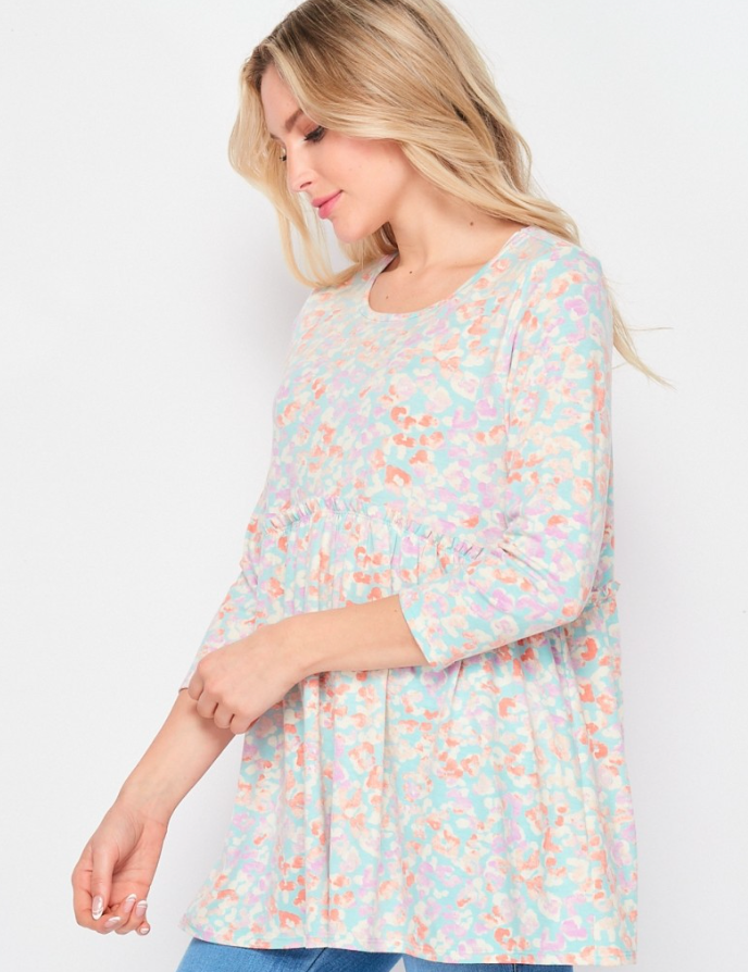 AQUA/IVORY 3/4 Length Sleeve Top - LAST ONES FINAL SALE