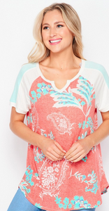 Mint and Coral Short Sleeve Top - LAST ONES FINAL SALE CLEARANCE