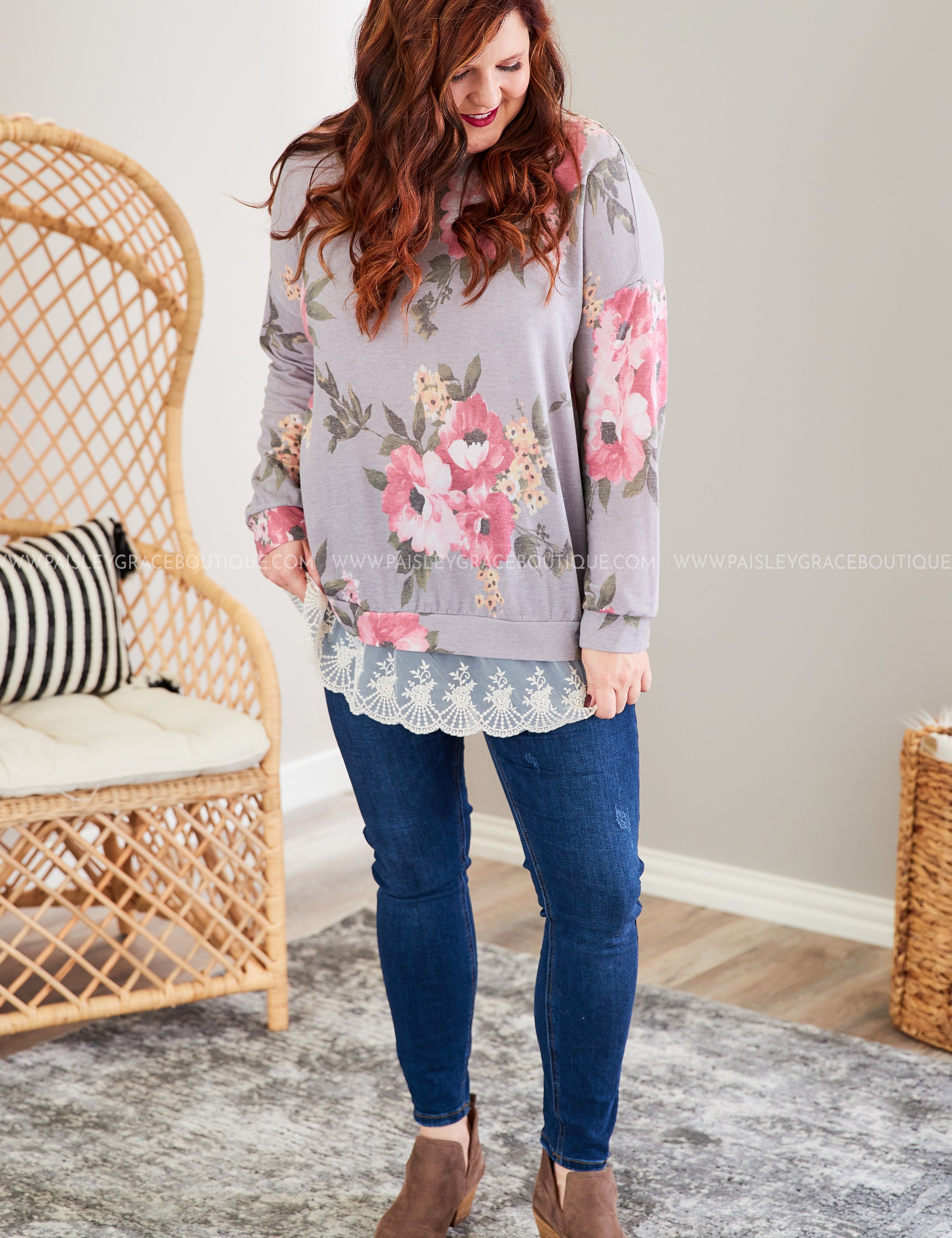 Grey & Mauve Top with Lace  - LAST ONES FINAL SALE