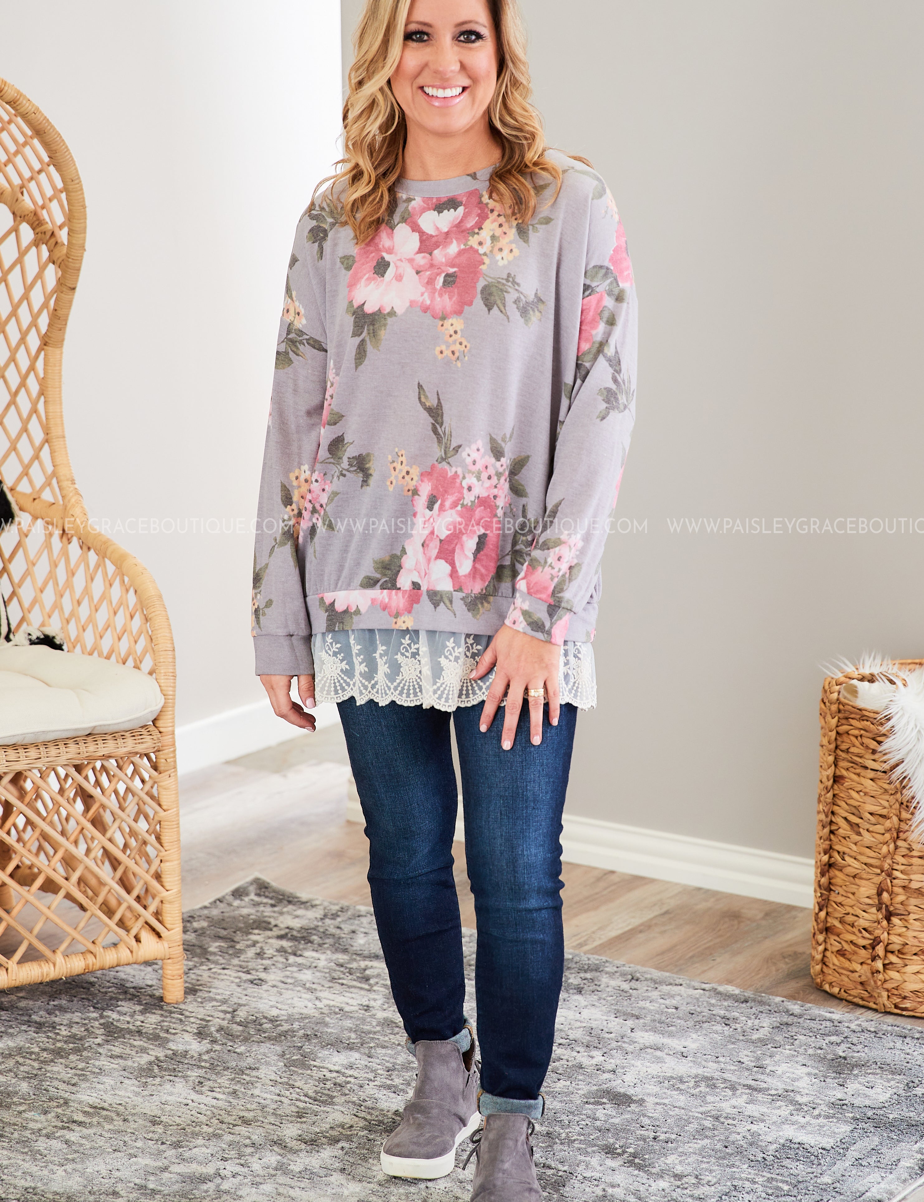 Grey & Mauve Top with Lace  - LAST ONES FINAL SALE
