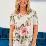 Ivory Floral Top with Pink Stripe Contrast* LAST ONES FINAL SALE *