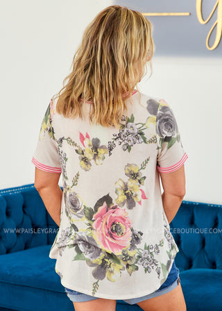 Ivory Floral Top with Pink Stripe Contrast  - FINAL SALE