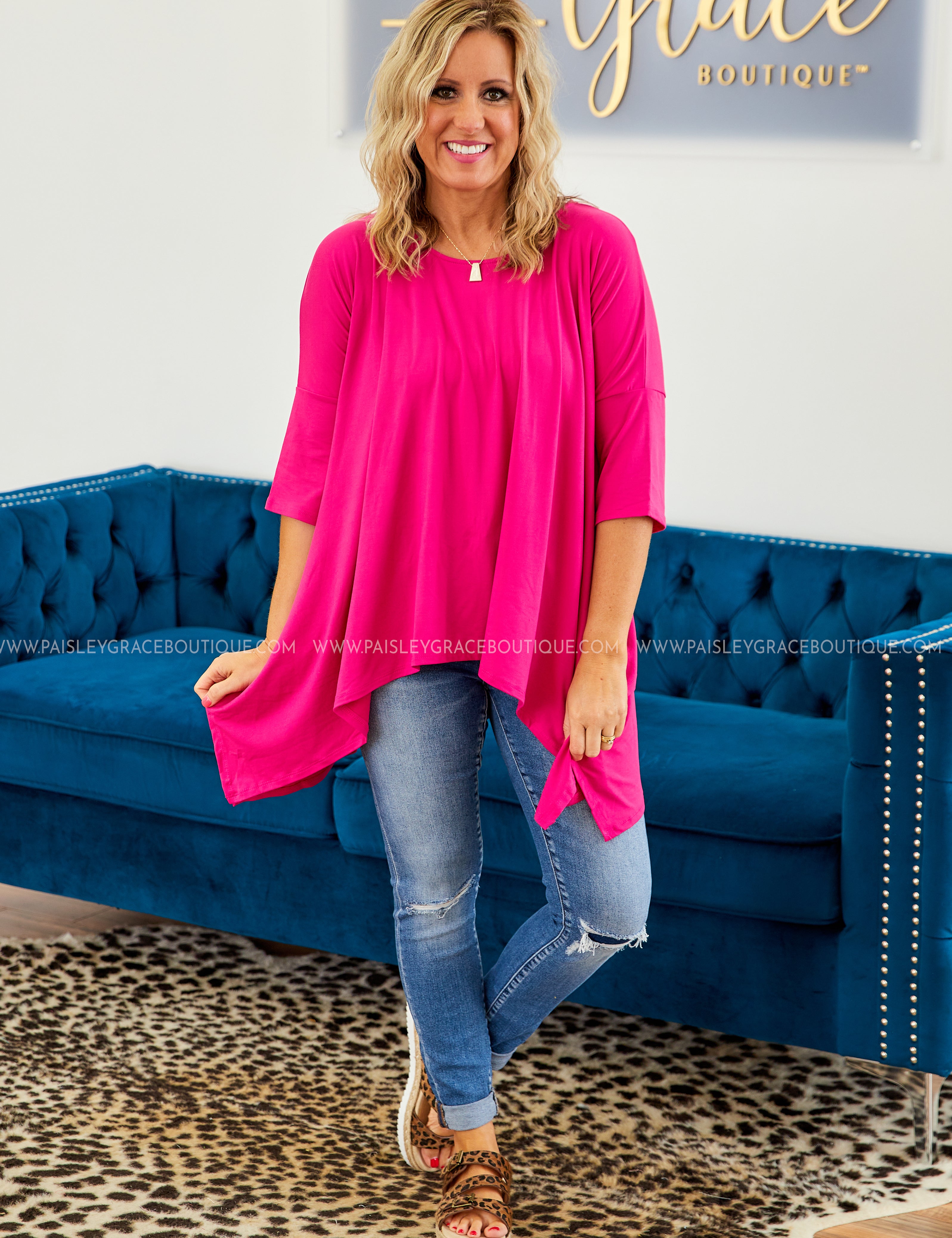 Fuchsia Solid Knit Top 3/4 Sleeve (S-XL) LAST ONES FINAL SALE