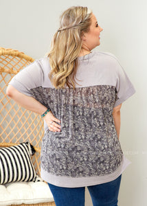 Short Sleeve Top with Contrast Floral Back - Grey - FINAL SALE