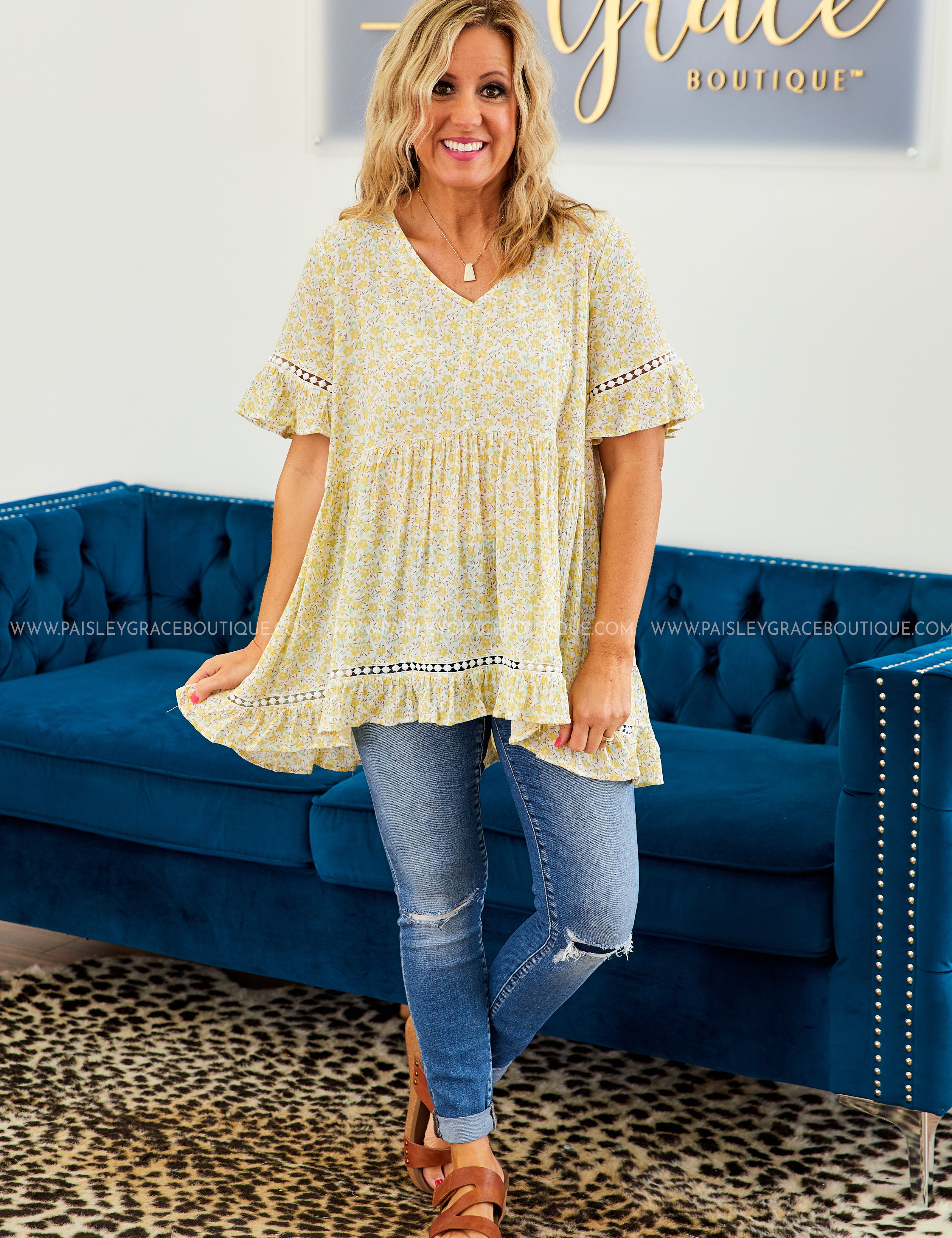 Yellow Floral Top with Crochet Detail - LAST ONES FINAL SALE