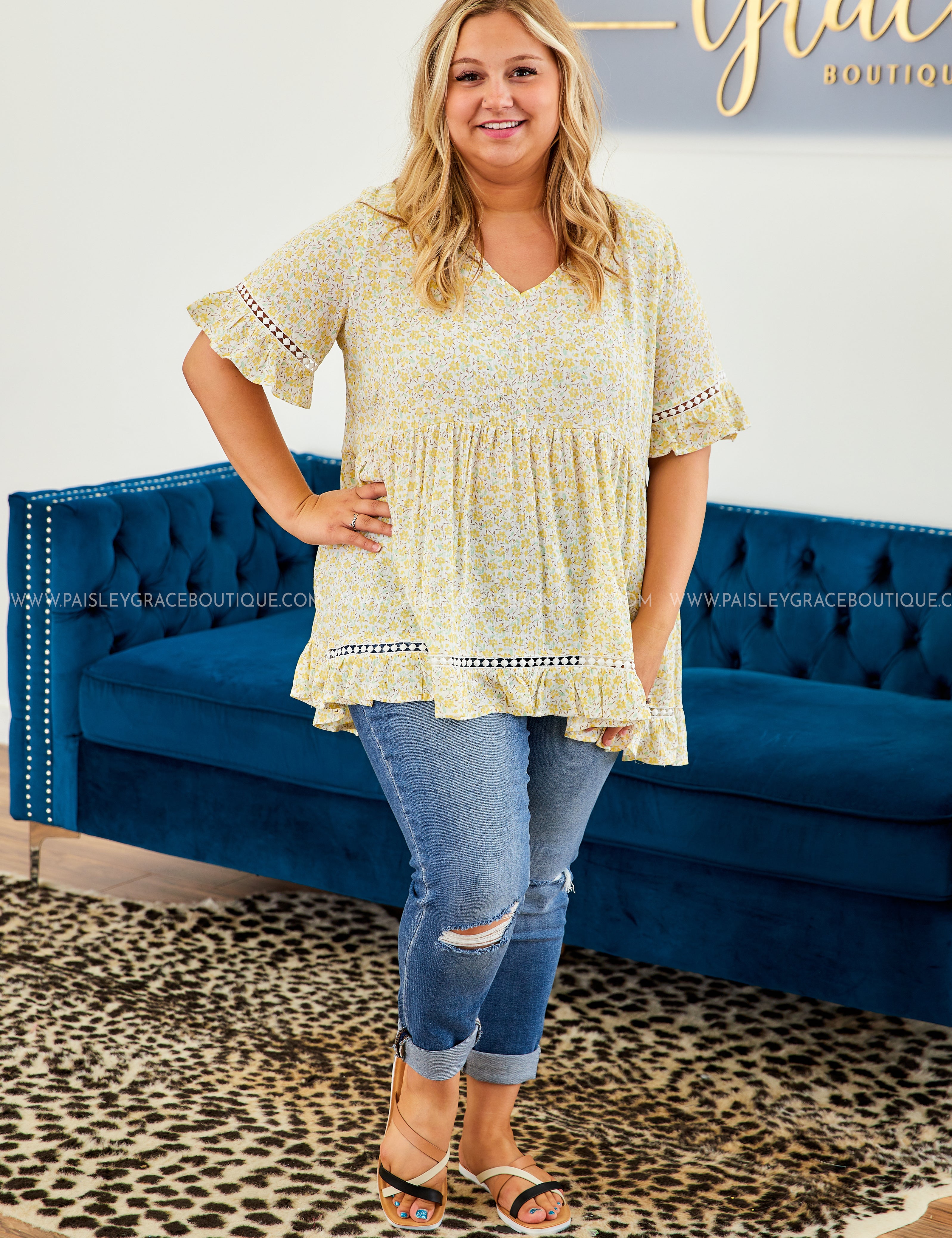 Yellow Floral Top with Crochet Detail - LAST ONES FINAL SALE