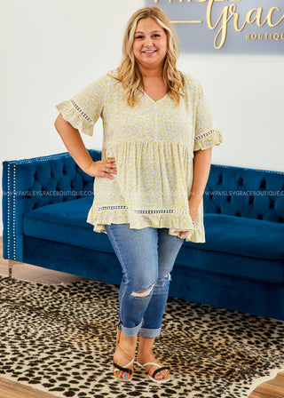 Yellow Floral Top with Crochet Detail - FINAL SALE