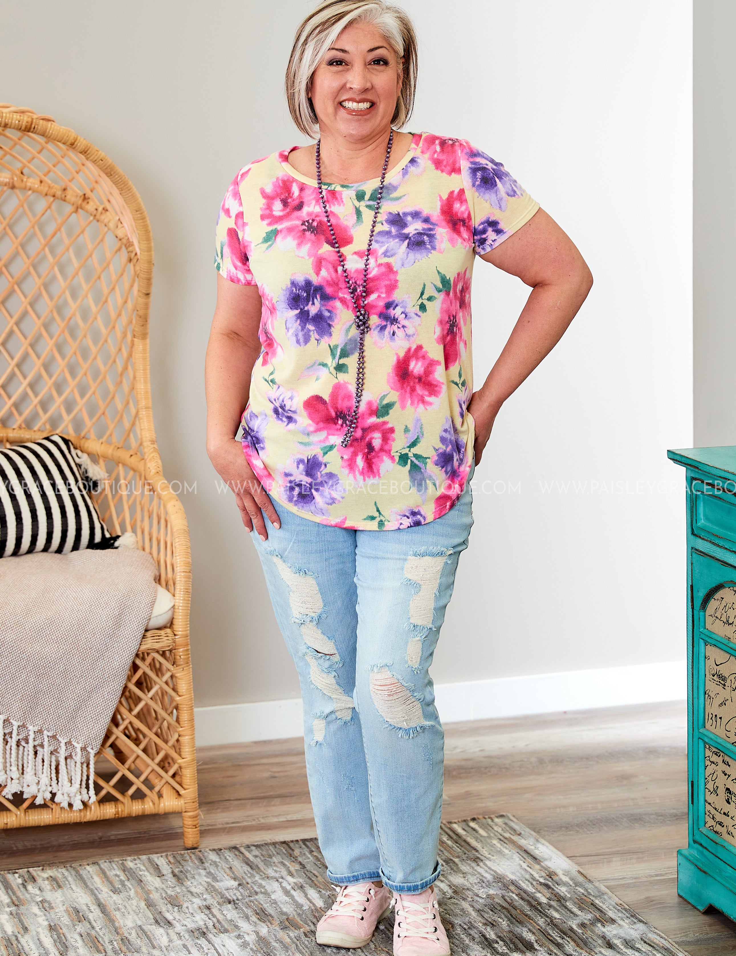 Yellow & Pink Floral Scoop Neck Top* LAST ONES FINAL SALE *