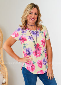 Yellow & Pink Floral Scoop Neck Top  - FINAL SALE
