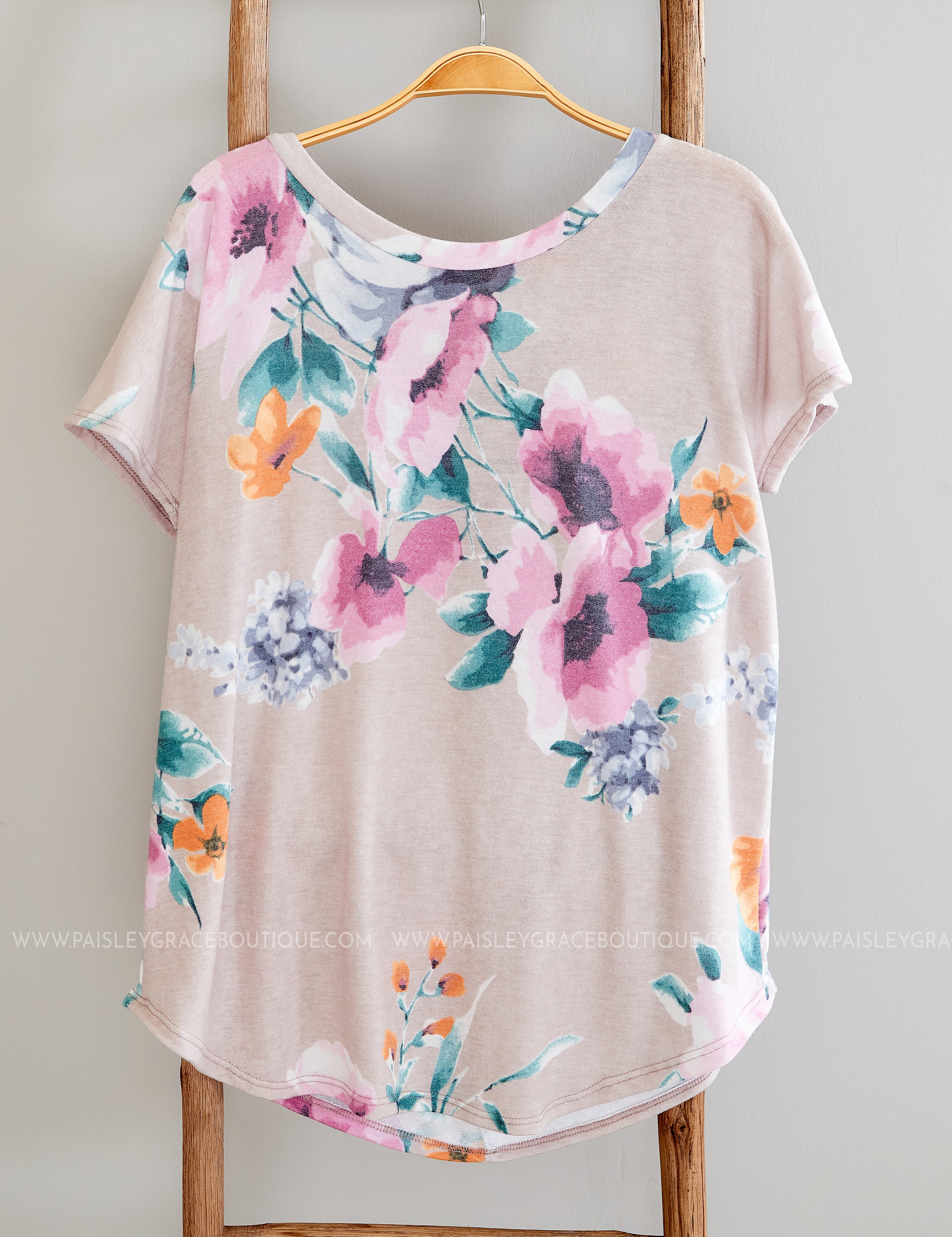 Taupe Top with Mauve Floral & Back Key-Hole* LAST ONES FINAL SALE *