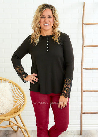 Kasie Lace Sleeve Top - Black - FINAL SALE