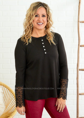 Kasie Lace Sleeve Top - Black - FINAL SALE