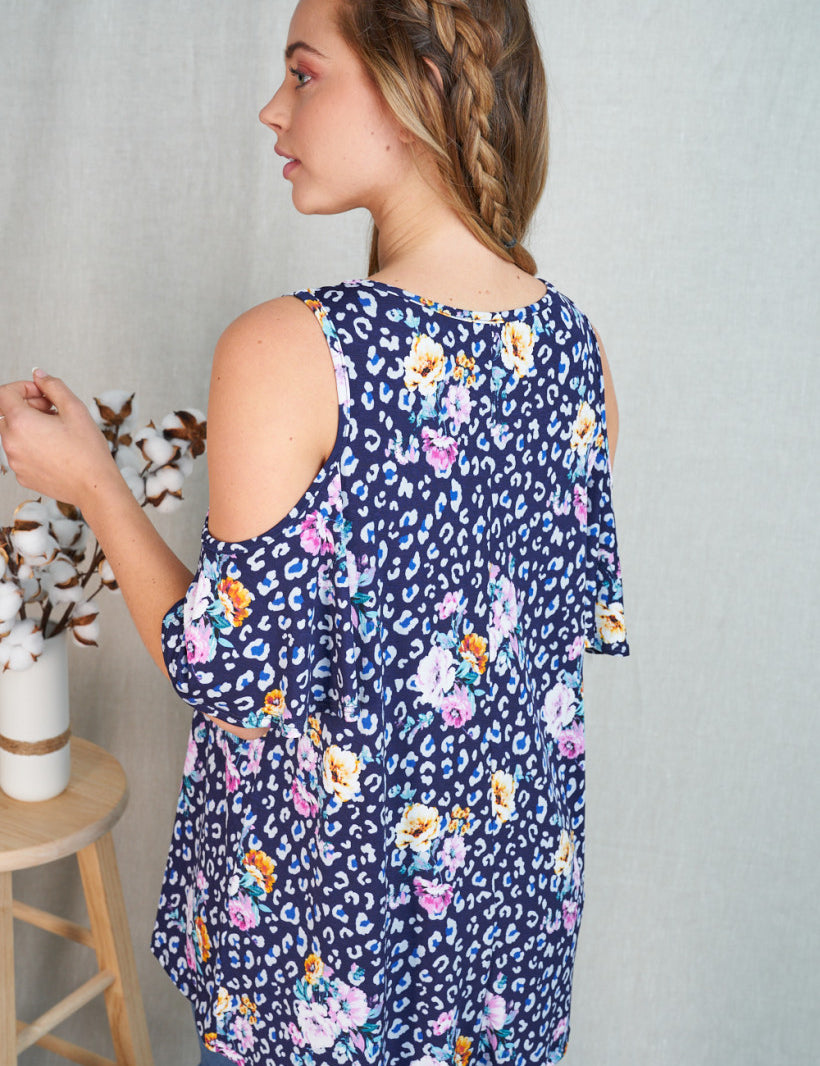 Leopard & Floral Cold Shoulder - NAVY* LAST ONES FINAL SALE *