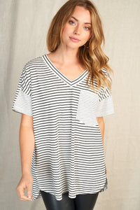 Short Sleeve Stripe Top with Contrast Pocket (S-XL) - FINAL SALE