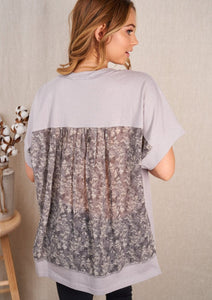 Short Sleeve Top with Contrast Floral Back - Grey - FINAL SALE